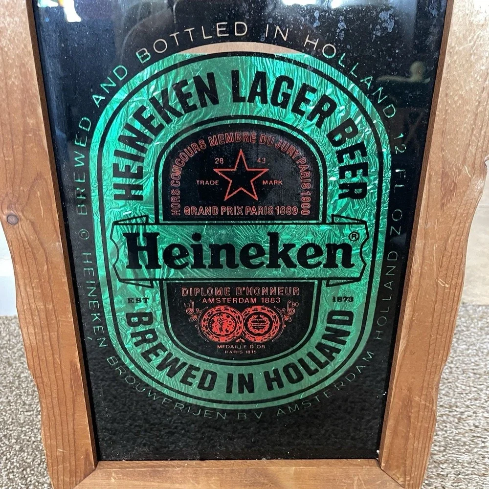 Vtg Imported Heineken Beer Wood Framed Glass Mirror Sign 18x12 Bar Mancave 70s
